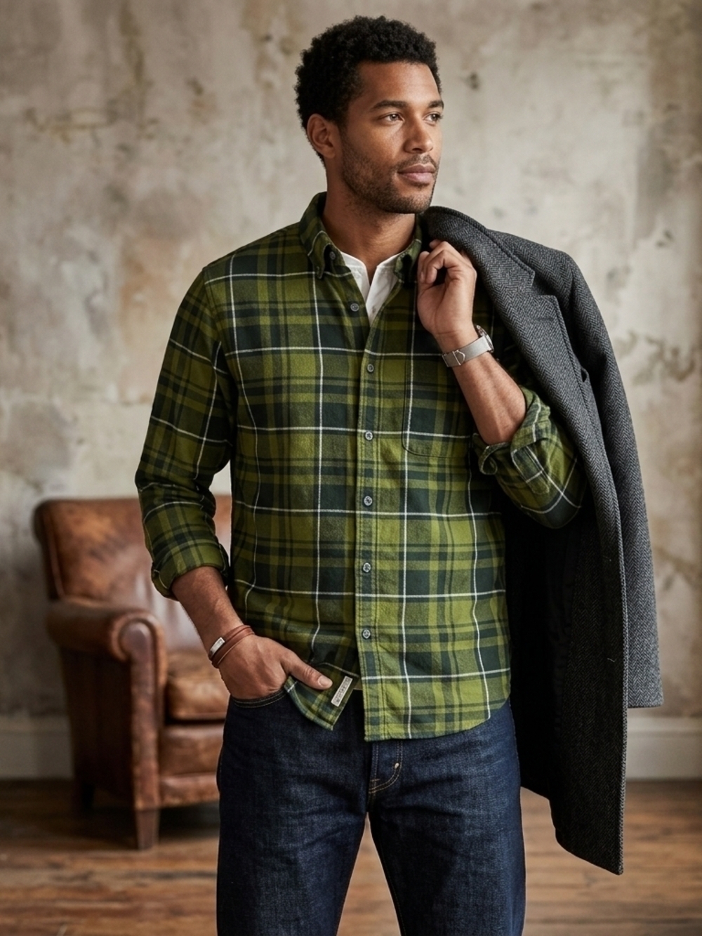 Eddie Bauer Green Plaid Flannel Button-Down Shirt Size TXL